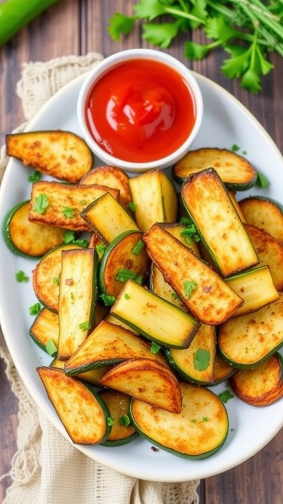Crispy Air Fryer Zucchini Fries Recipe Crispy air fryer zucchini fries with marinara sauce on a rustic table.